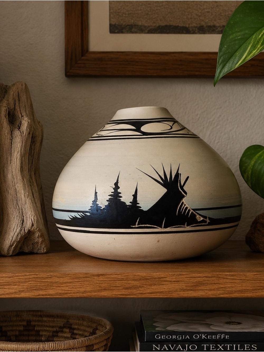 Hand-Painted Navajo White Ceramic Vase with Black Landscape Band